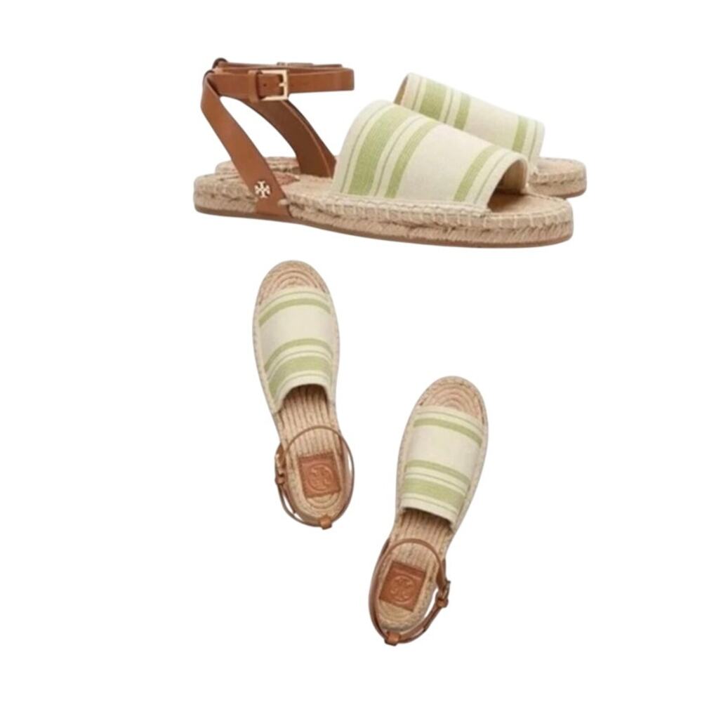 Tory Burch green white canvas summer Espadrille strappy sandals size 7.5